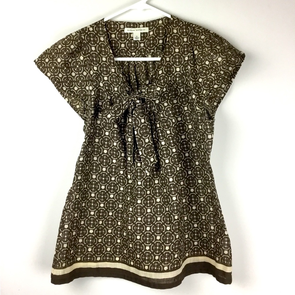 Banana Republic Bohemian Tie Front Short Sleeve Blouse Size S Brown Beige